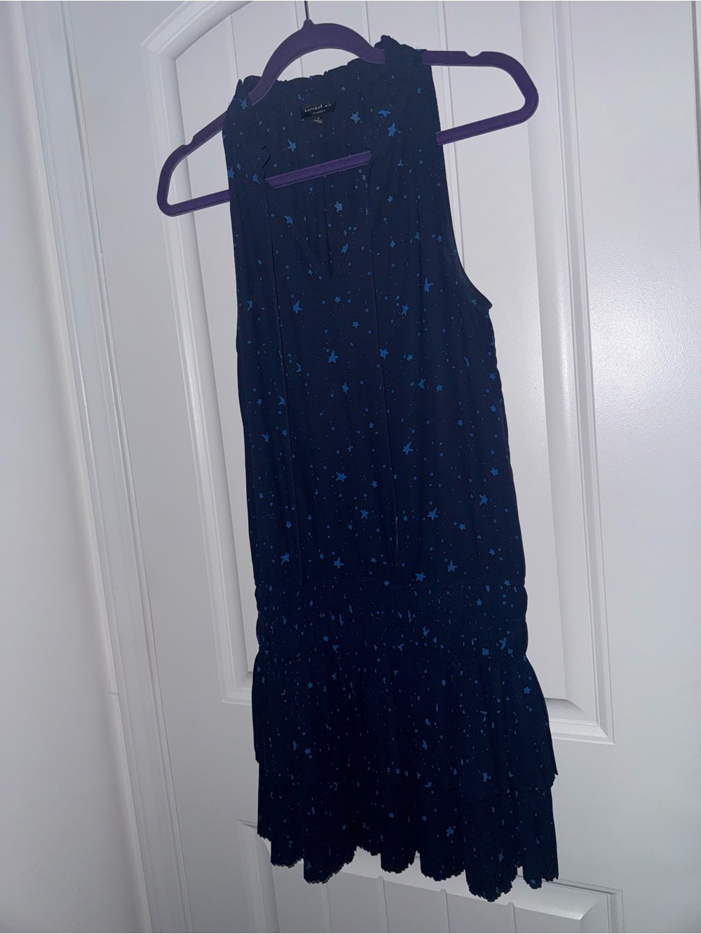 Current Air Navy Star Print Tie Neck Smocked Mini Dress S